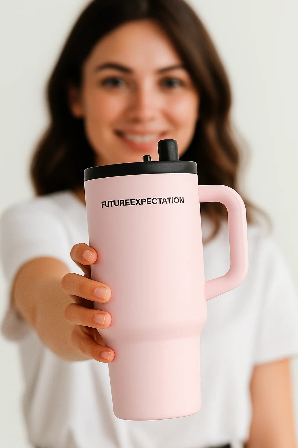 Pink Insulated Travel Mug with Handle & Straw