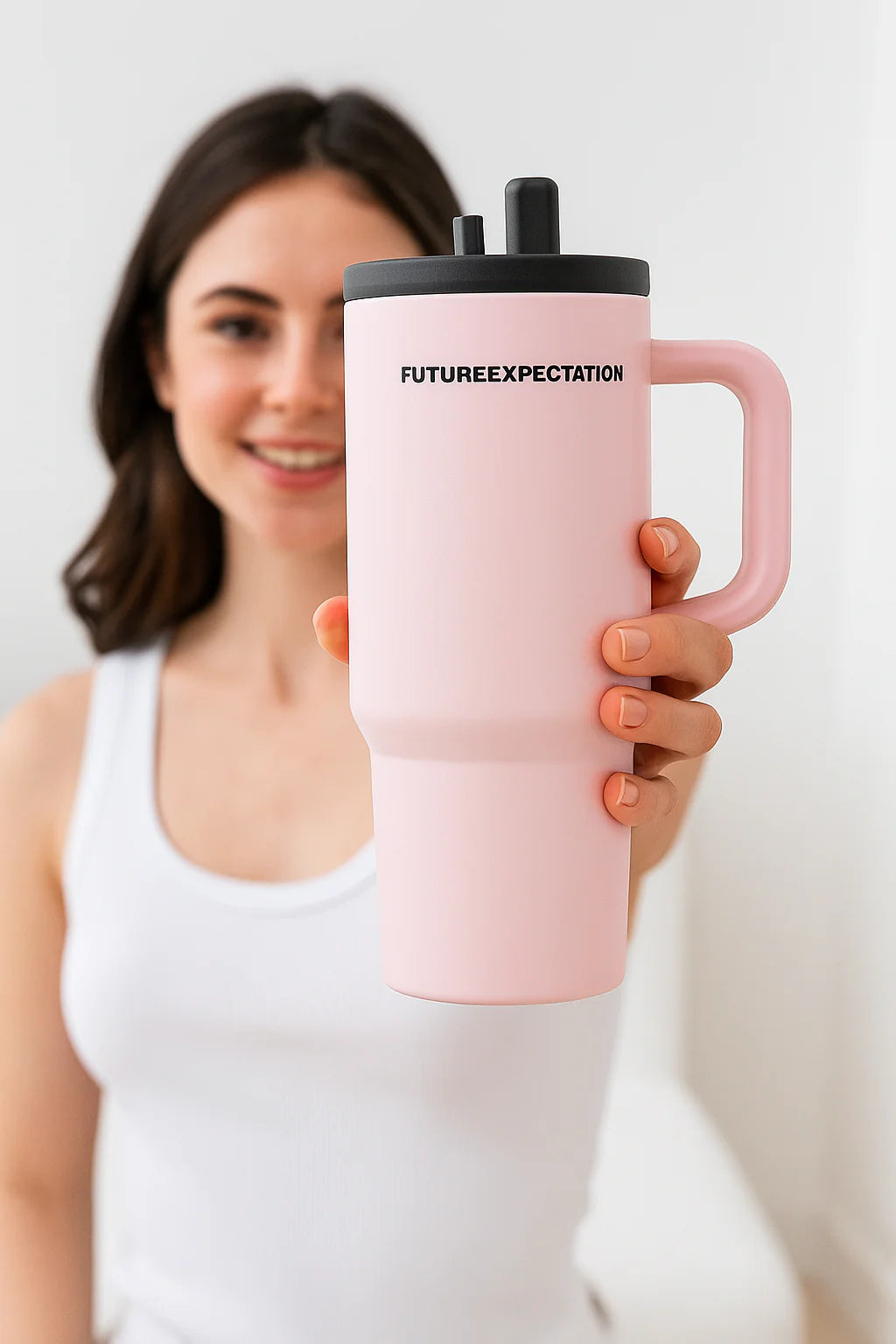 Pink Insulated Travel Mug with Handle & Straw