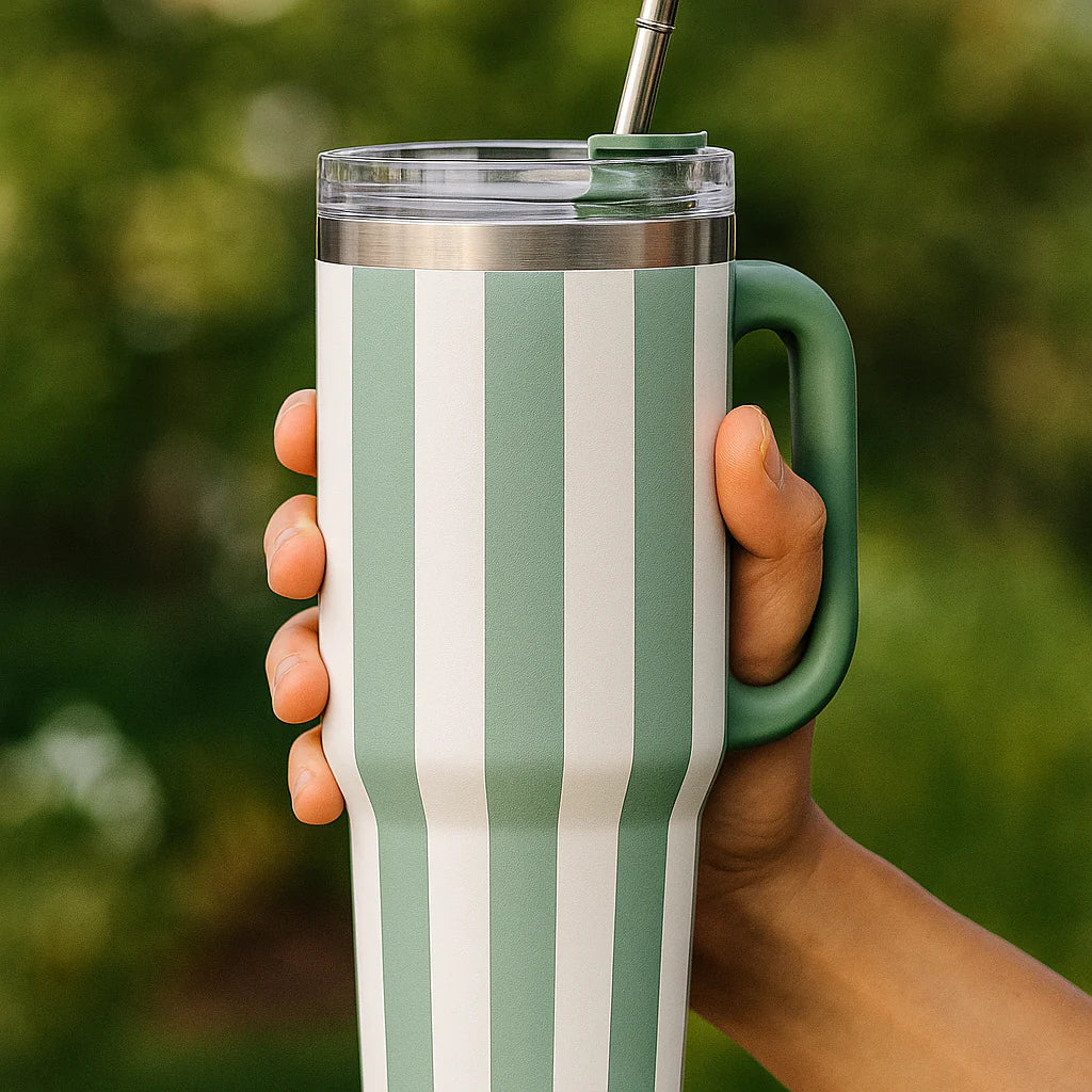 Pink & White Striped Stainless Steel Tumbler with Handle