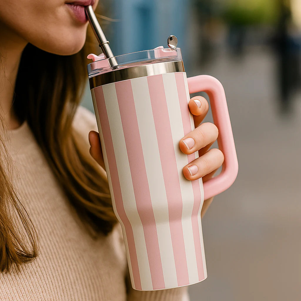 Pink & White Striped Stainless Steel Tumbler with Handle