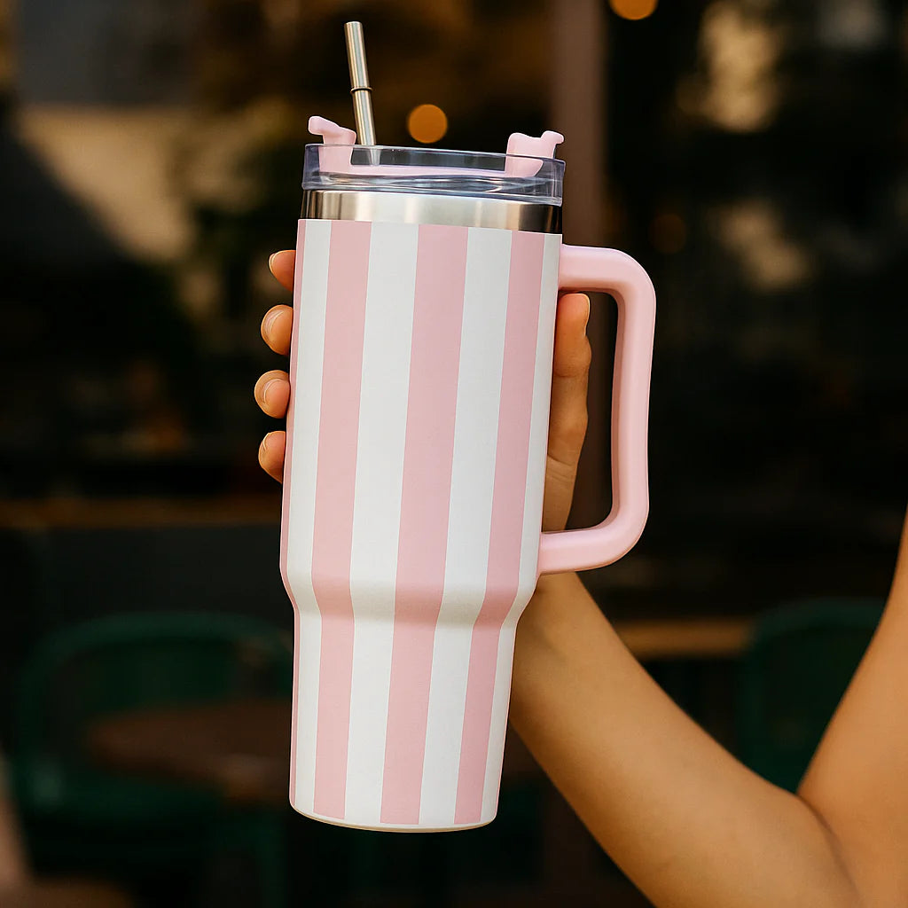 Pink & White Striped Stainless Steel Tumbler with Handle