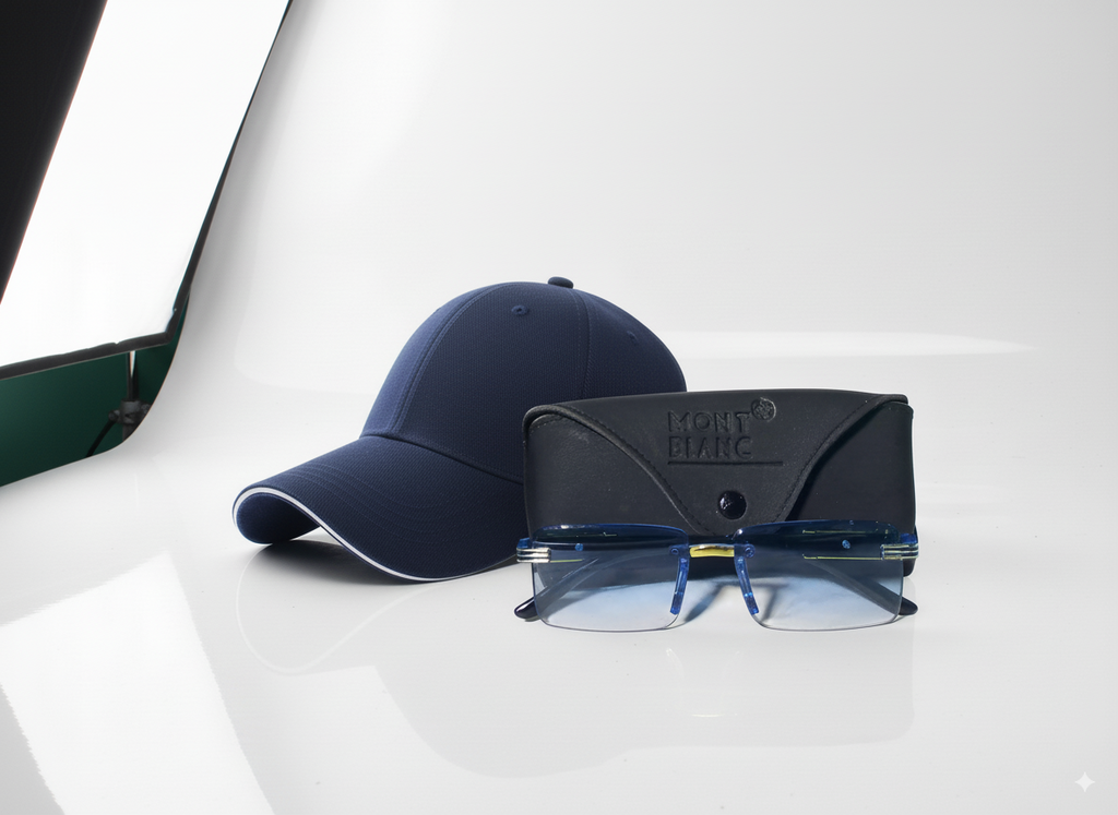 Title: Stylish Navy Cap & Gradient Sunglasses Set