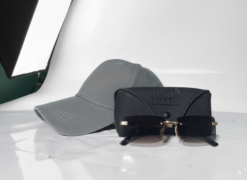 Modern Grey Cap & Premium Rimless Sunglasses Combo with Montblanc Case