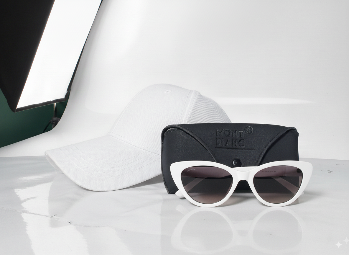 Stylish White Cap & Cat-Eye Sunglasses Combo with Montblanc Case