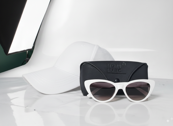 Stylish White Cap & Cat-Eye Sunglasses Combo with Montblanc Case
