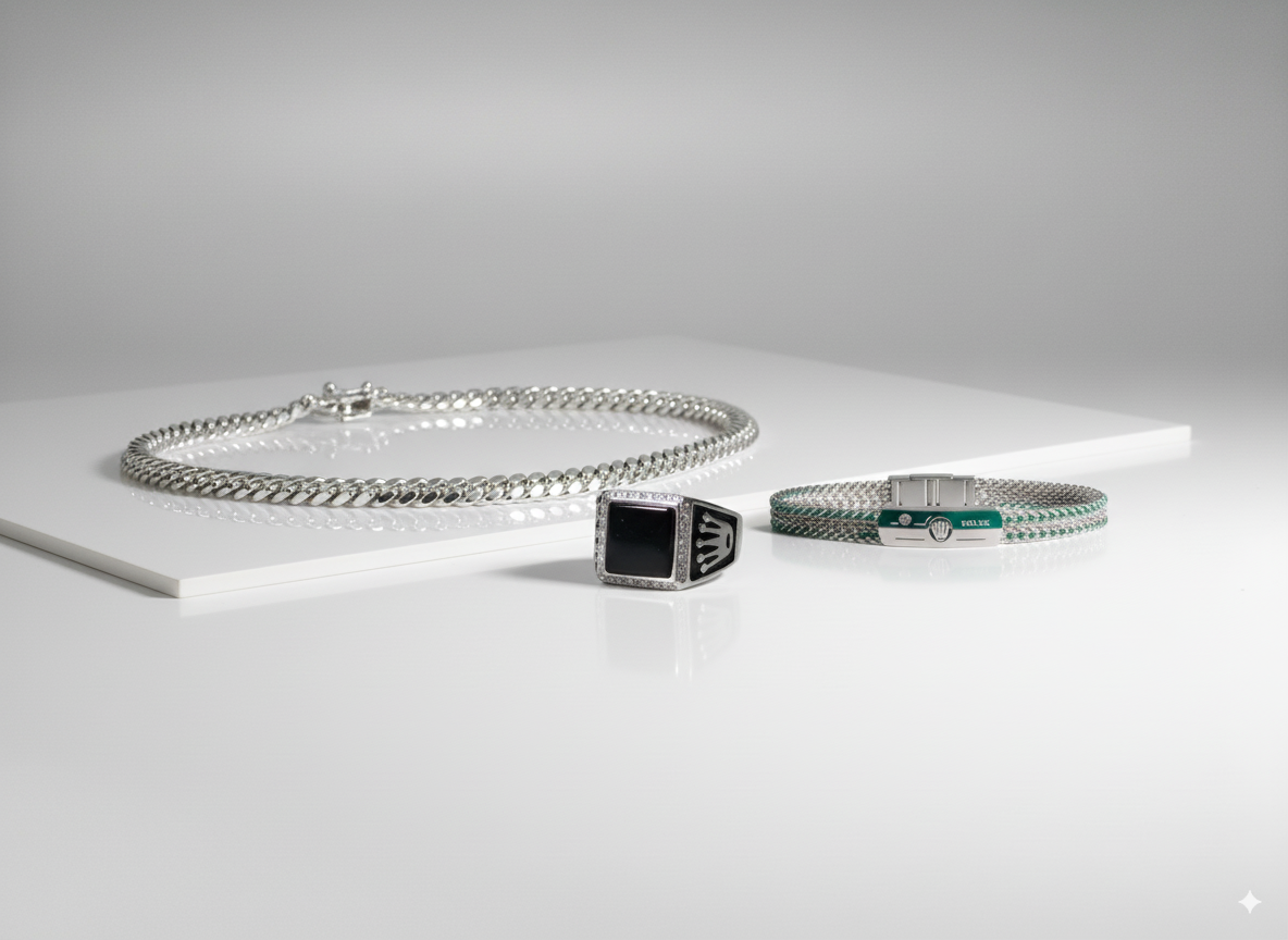 Men’s Silver Jewelry Set | Cuban Chain, Black Stone Ring & Braided Bracelet