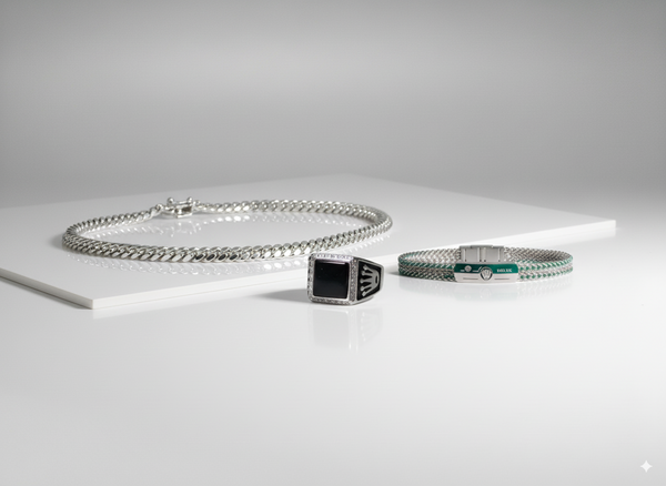Men’s Silver Jewelry Set | Cuban Chain, Black Stone Ring & Braided Bracelet