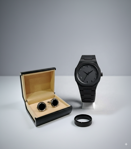 Elegant Men’s Black Accessory Set – Watch, Cufflinks & Ring