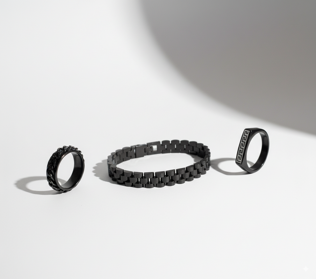 Men’s Black Jewelry Set | Stainless Steel Bracelet & Rings (3-Piece Set)