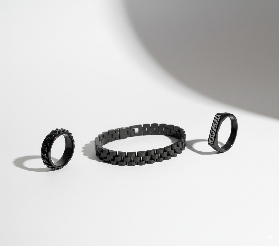 Men’s Black Jewelry Set | Stainless Steel Bracelet & Rings (3-Piece Set)