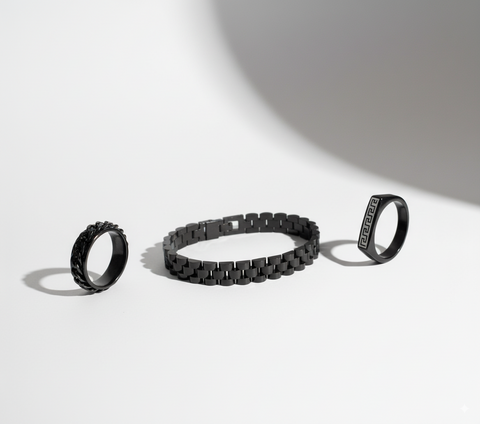 Men’s Black Jewelry Set | Stainless Steel Bracelet & Rings (3-Piece Set)