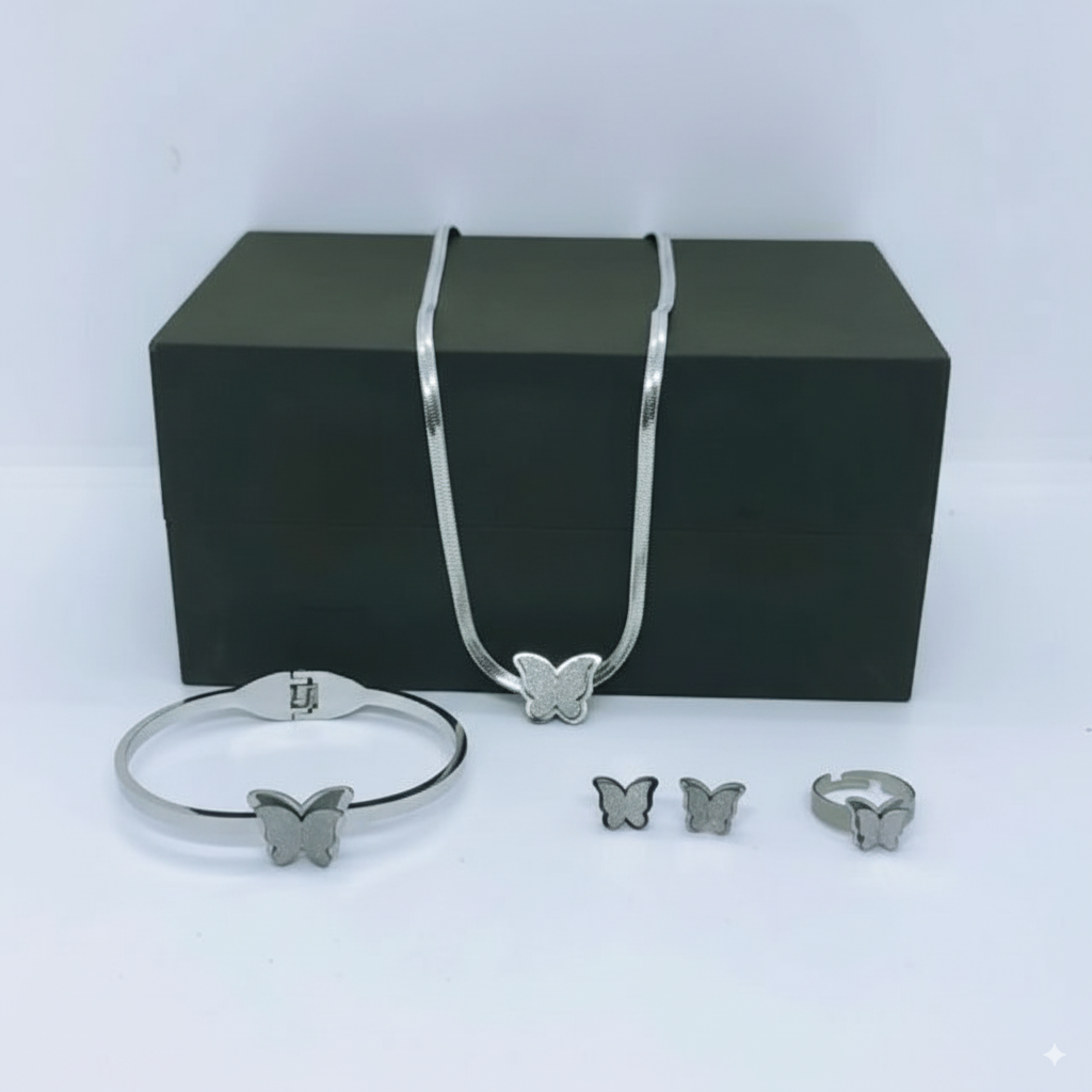 Women’s Silver Butterfly Jewelry Set – Necklace, Bracelet, Earrings & Ring