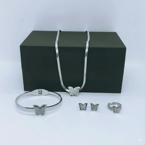 Women’s Silver Butterfly Jewelry Set – Necklace, Bracelet, Earrings & Ring