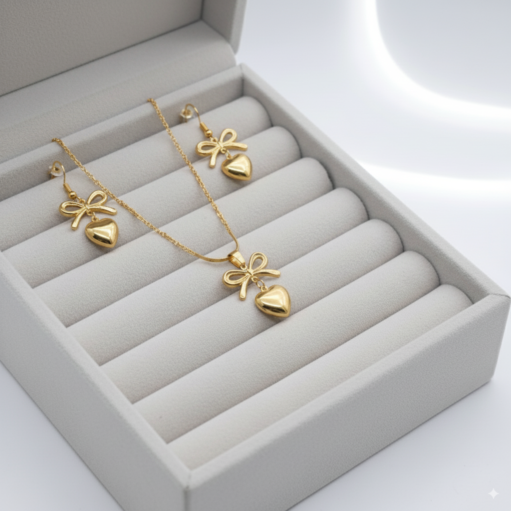 Elegant Gold Heart & Bow Jewelry Set (Necklace + Earrings)