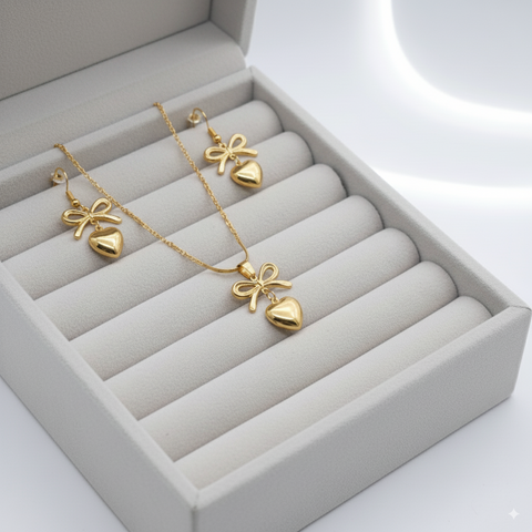 Elegant Gold Heart & Bow Jewelry Set (Necklace + Earrings)