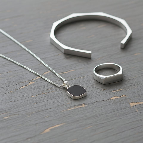 Men’s Geometric Silver Jewelry Set – Necklace, Ring & Bracelet with Black Detailing