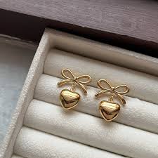 Elegant Gold Heart & Bow Jewelry Set (Necklace + Earrings)