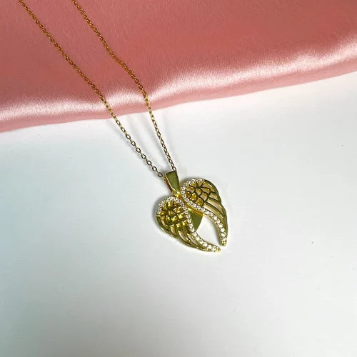 Golden Angel Wings Pendant Necklace with Crystals