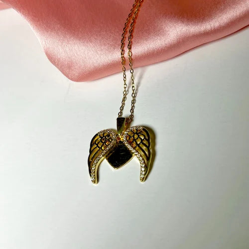 Golden Angel Wings Pendant Necklace with Crystals